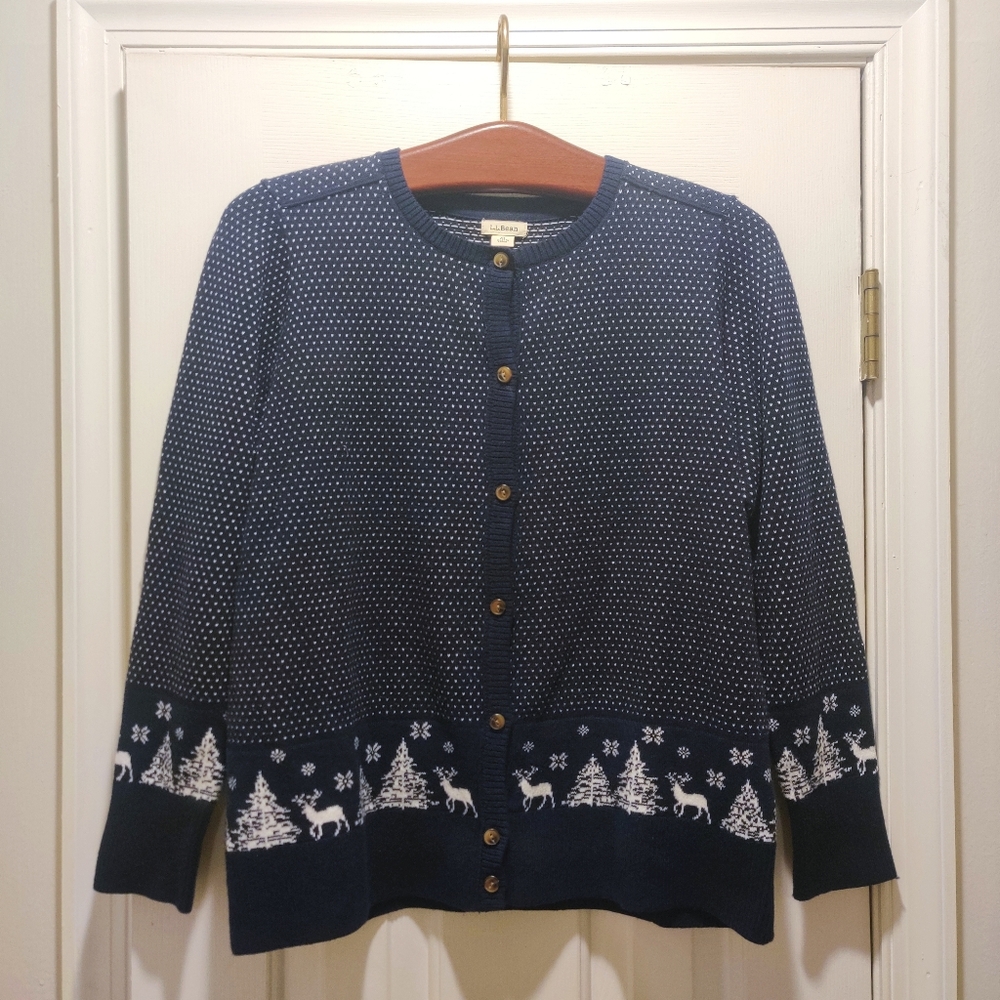 LL Bean Medium Navy Cotton / Cashmere Fair Isle Cardigan Button Women’s 506115